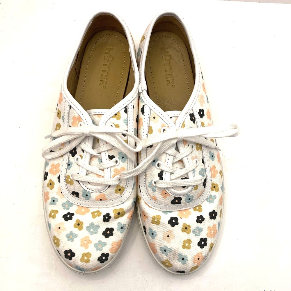 Hotter Mabel Sneakers White Canvas Floral Lace Up Womens 9.5 EXTRA WIDE
